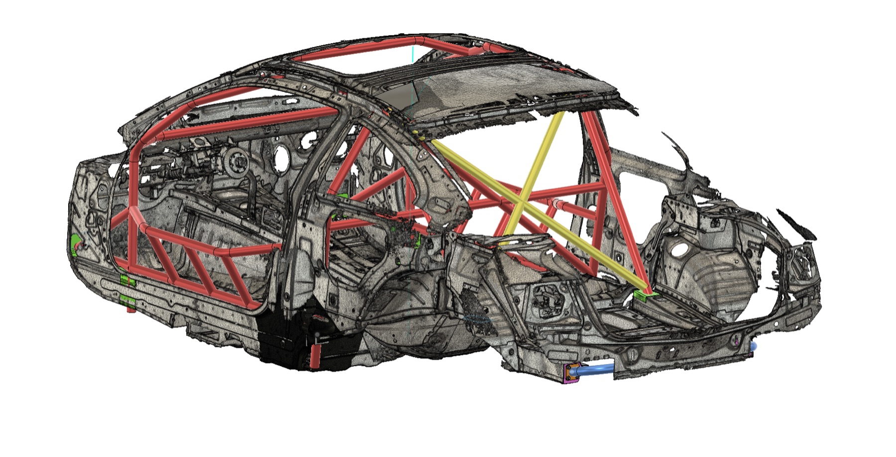 3D scan of a BMW E90 shell with the custom cage modelled inside it