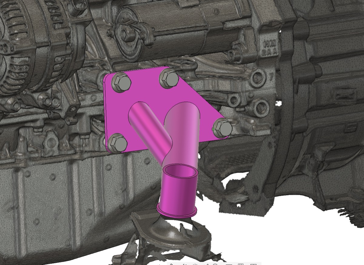 Custom LS engine mount, shown in magenta, modelled on a scan of the engine and chassis